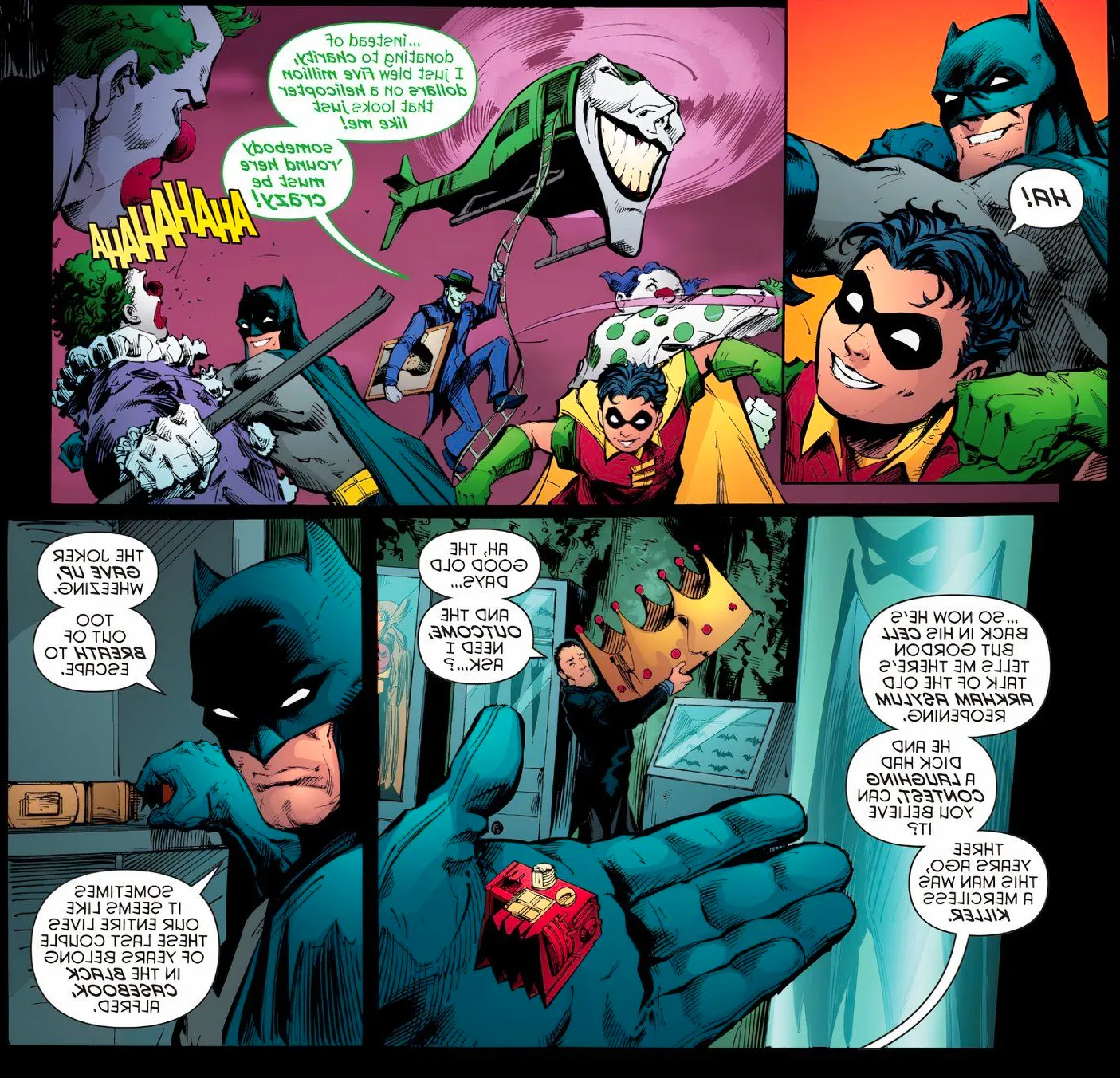 Comic book panels: Batman remembers when Robin Dick Grayson beat the Joker in a laughing contest. Image