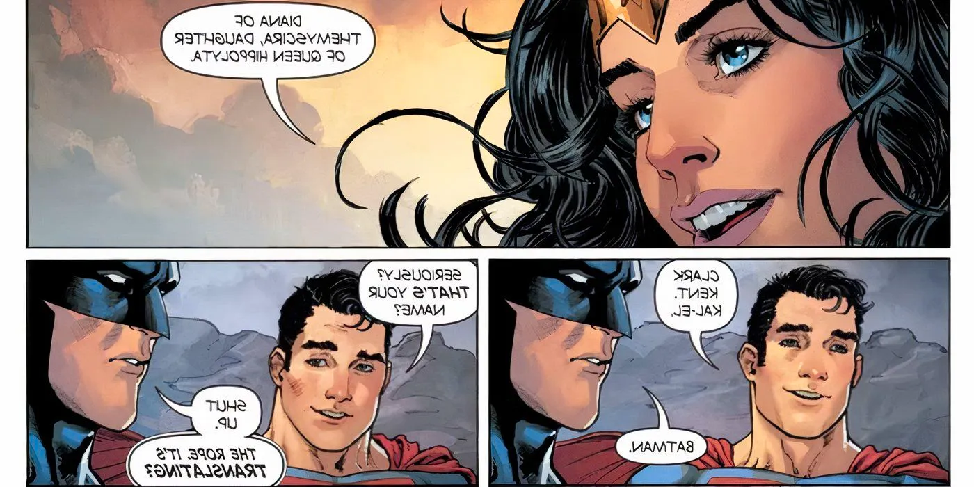 Comic book panels: Batman, Superman, and Wonder Woman reveal their secret Identities to each other. Image