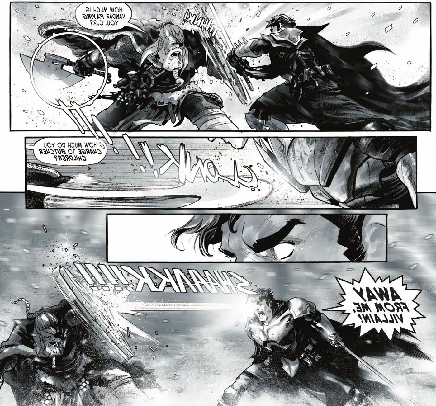 Comic book panels: Batman uses heatvision on Deathsroke in the Dark Knights of Steel universe. Image