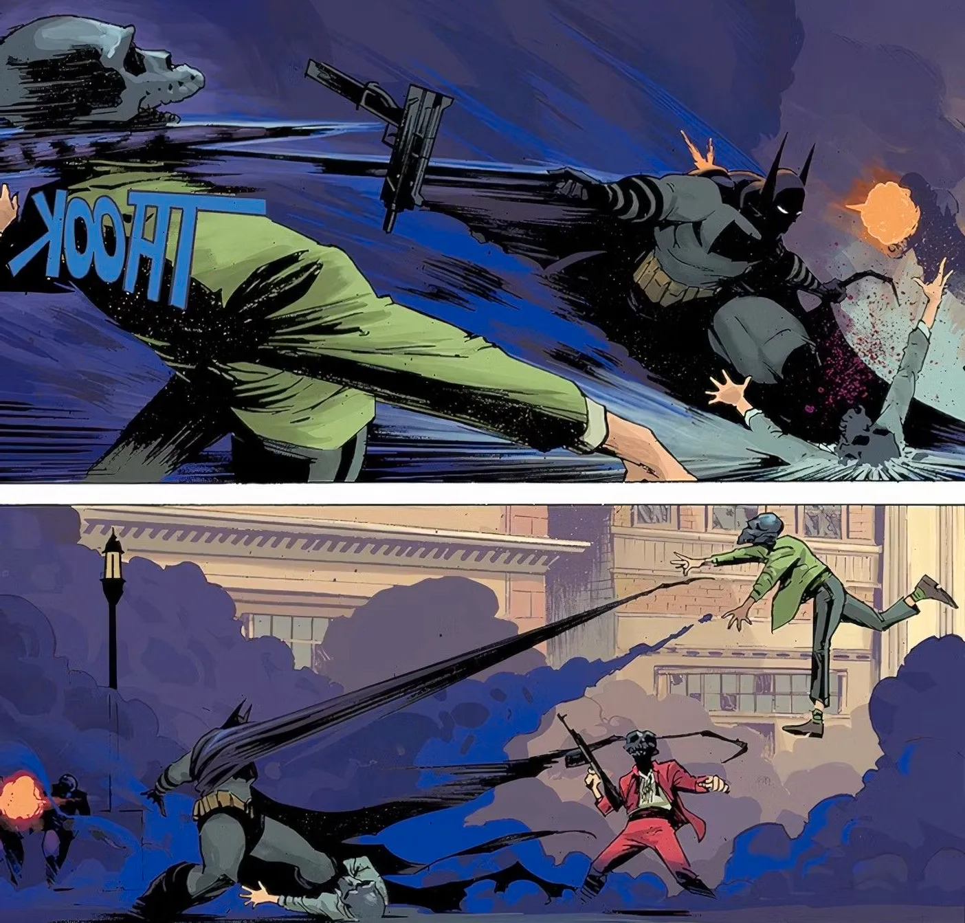 Comic book panels: Batman uses his cape like a whip or lasso, flinging away a gang member with a gun. Image