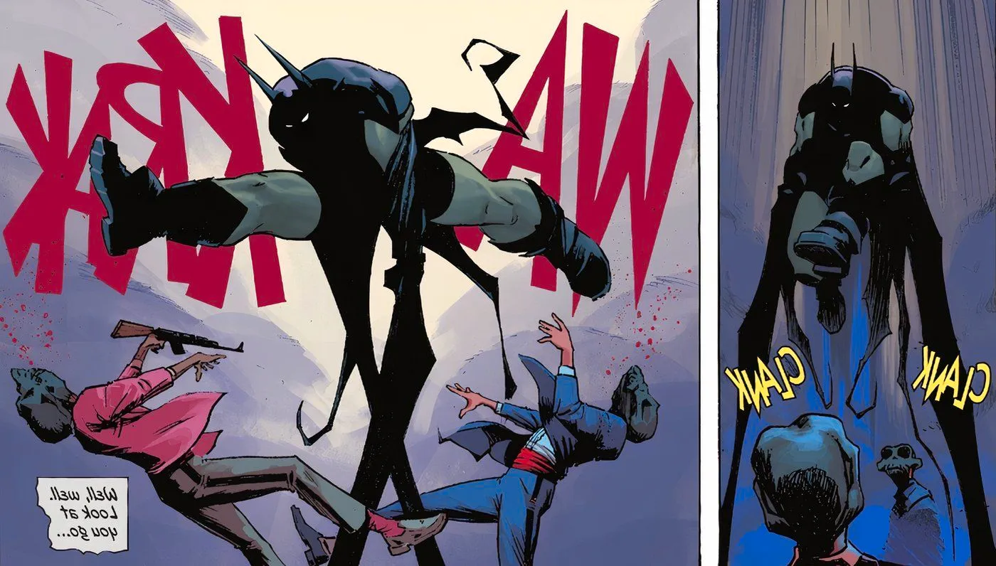 Comic book panels: Batman uses his cape to extend upwards and kick two enemies in their faces. Image