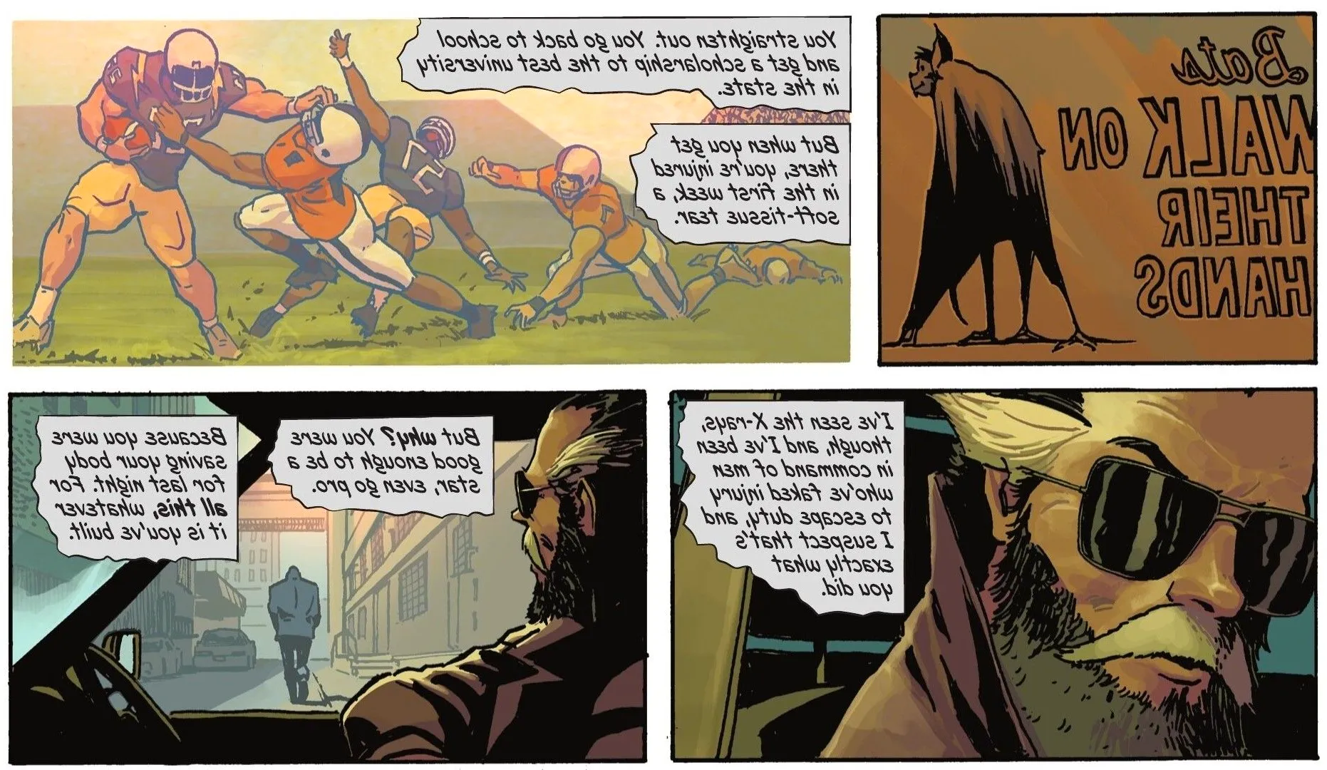 Comic book panels: Bruce Wayne plays football in a flashback. Alfred Pennyworth watches him from a car in the present. Image