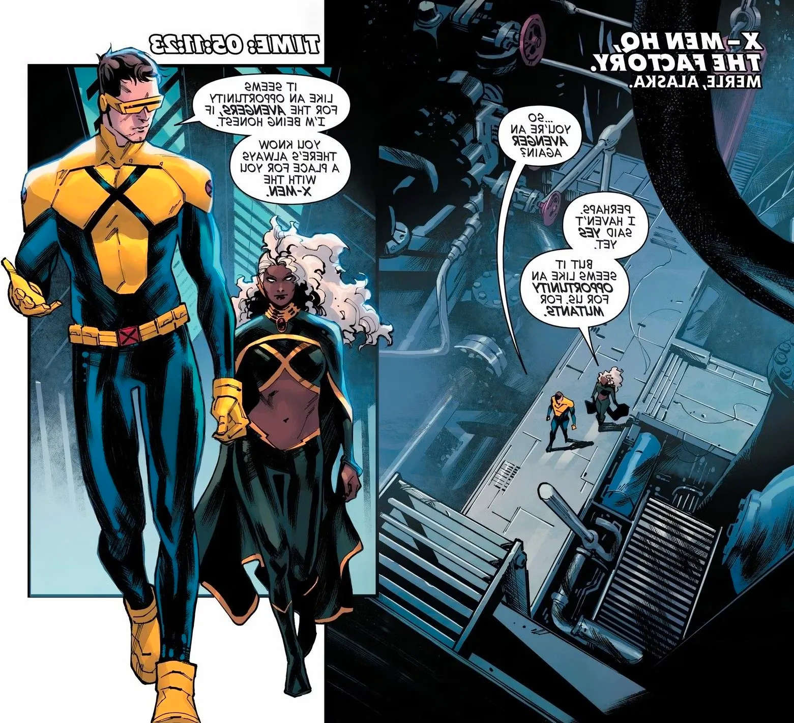 Comic book panels: Cyclops and Storm walk through the X-Men base in Alaska. Image