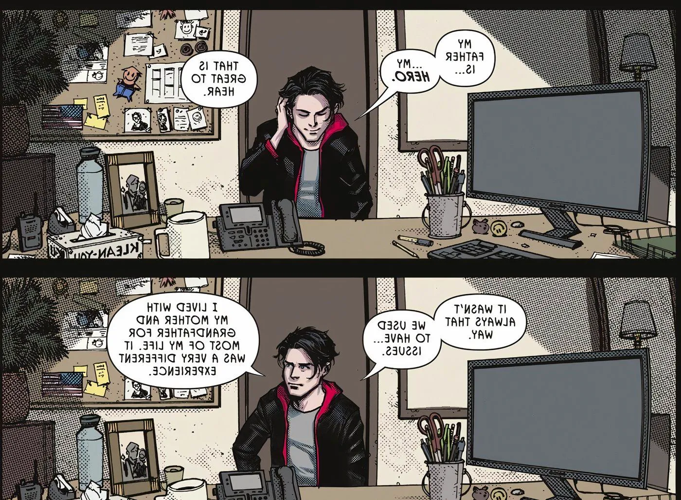 Comic book panels: Damian Wayne talks about his father in front of a desk. Image