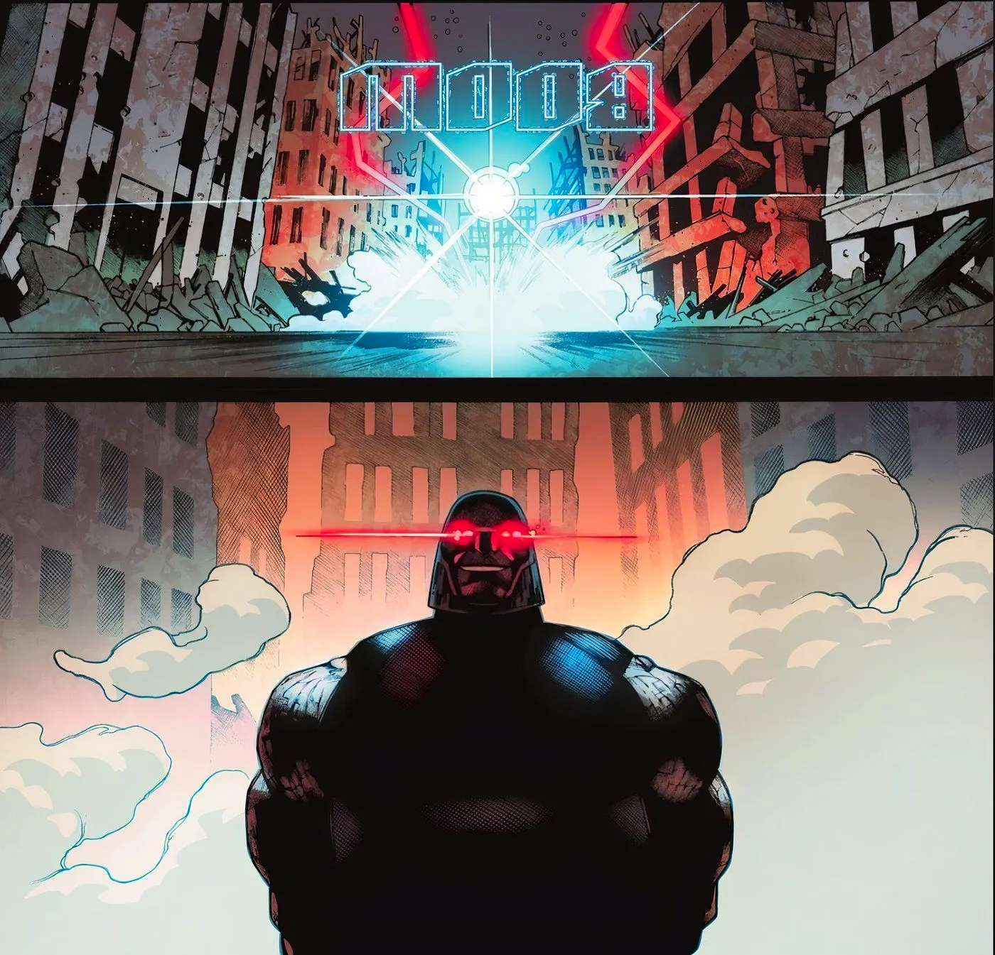 Comic book panels: Darkseid appears through a Boom Tube in the middle of a desolate city. Image