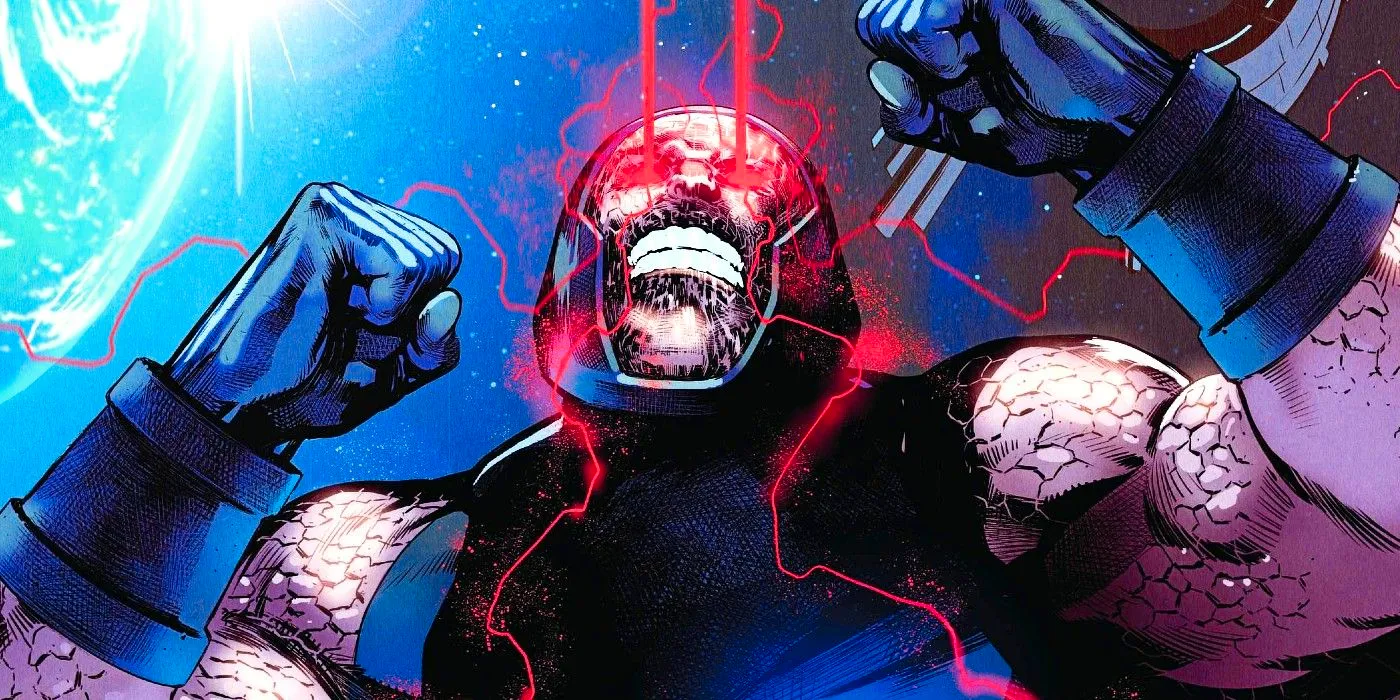 Comic book panels: Darkseid blasts eyebeams upwards. Image