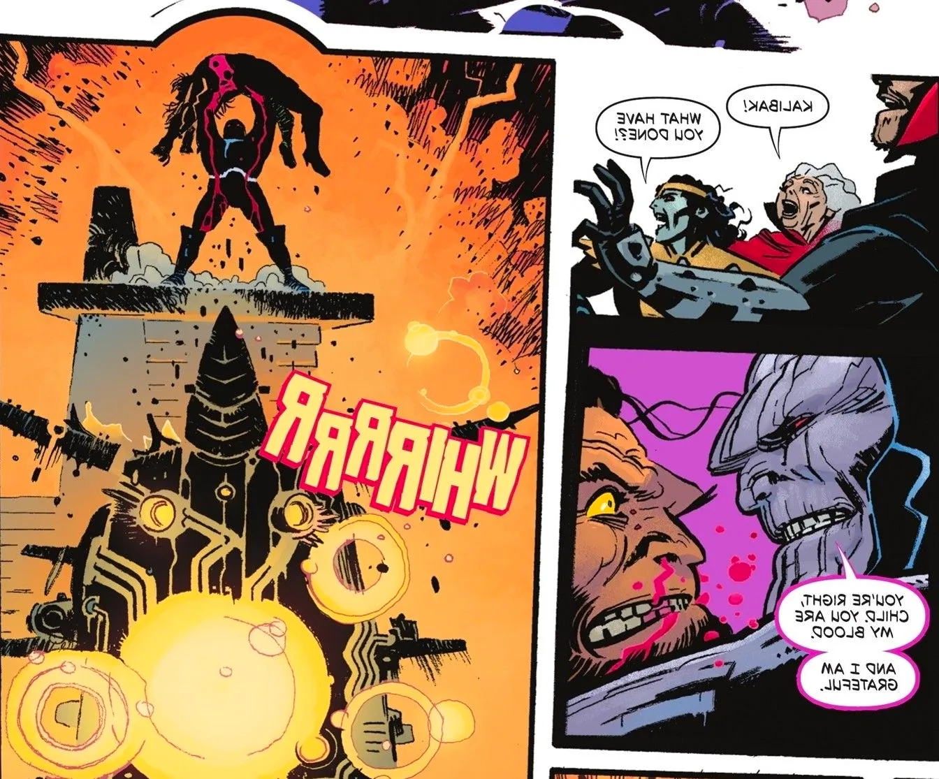 Comic book panels: Darkseid prepares to sacrifice Kalibak as Granny Goodness shouts. Image