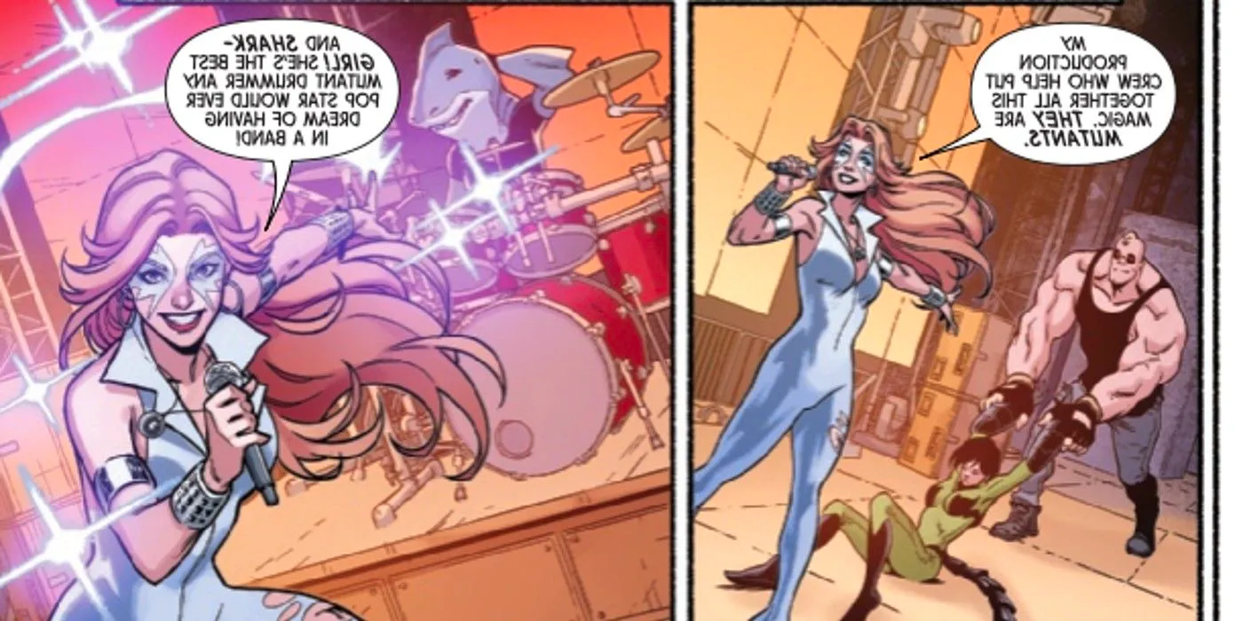 Comic book panels: Dazzler stands on a stage with her band. Image