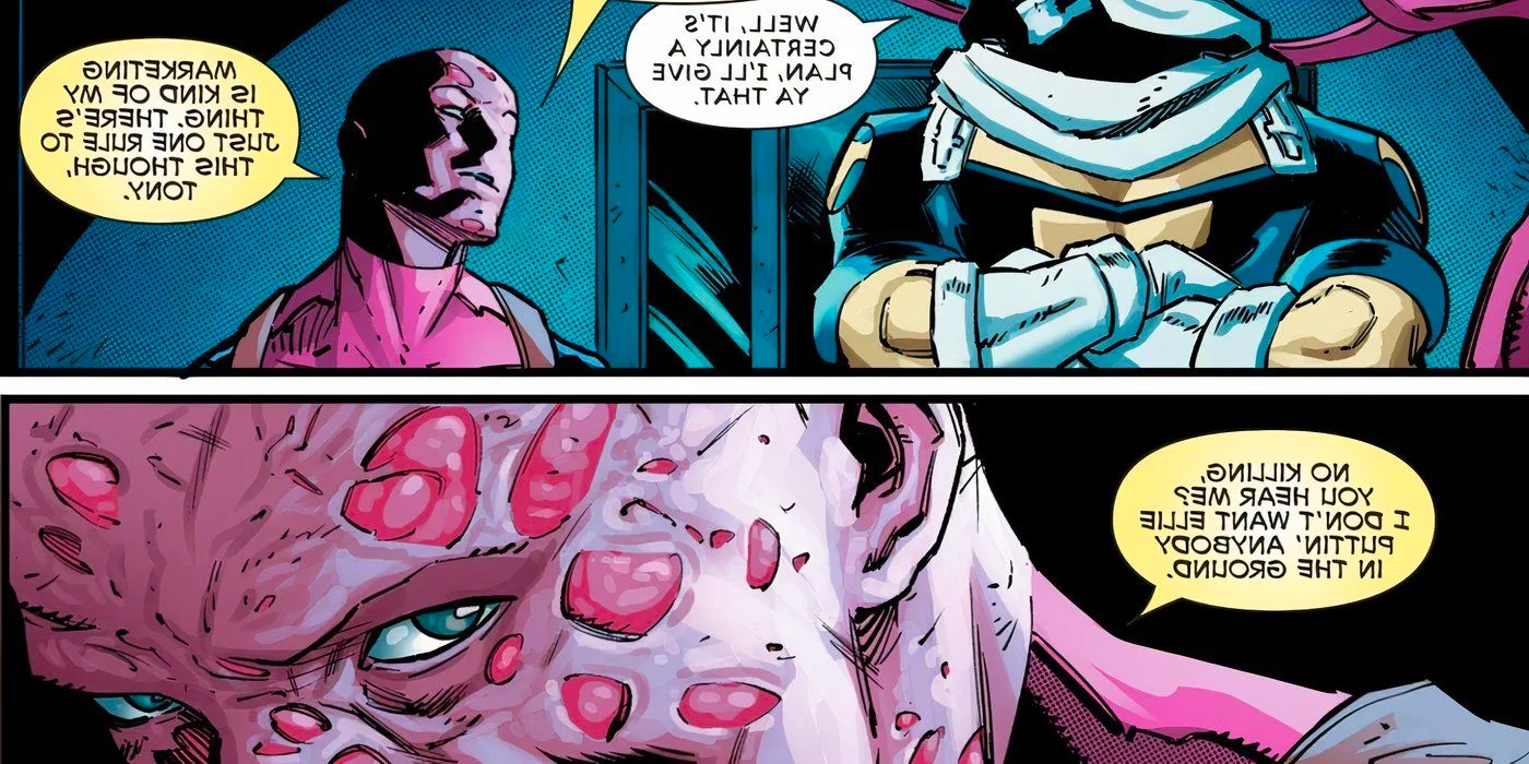 Comic book panels: Deadpool makes Ellie promise not to kill. Image