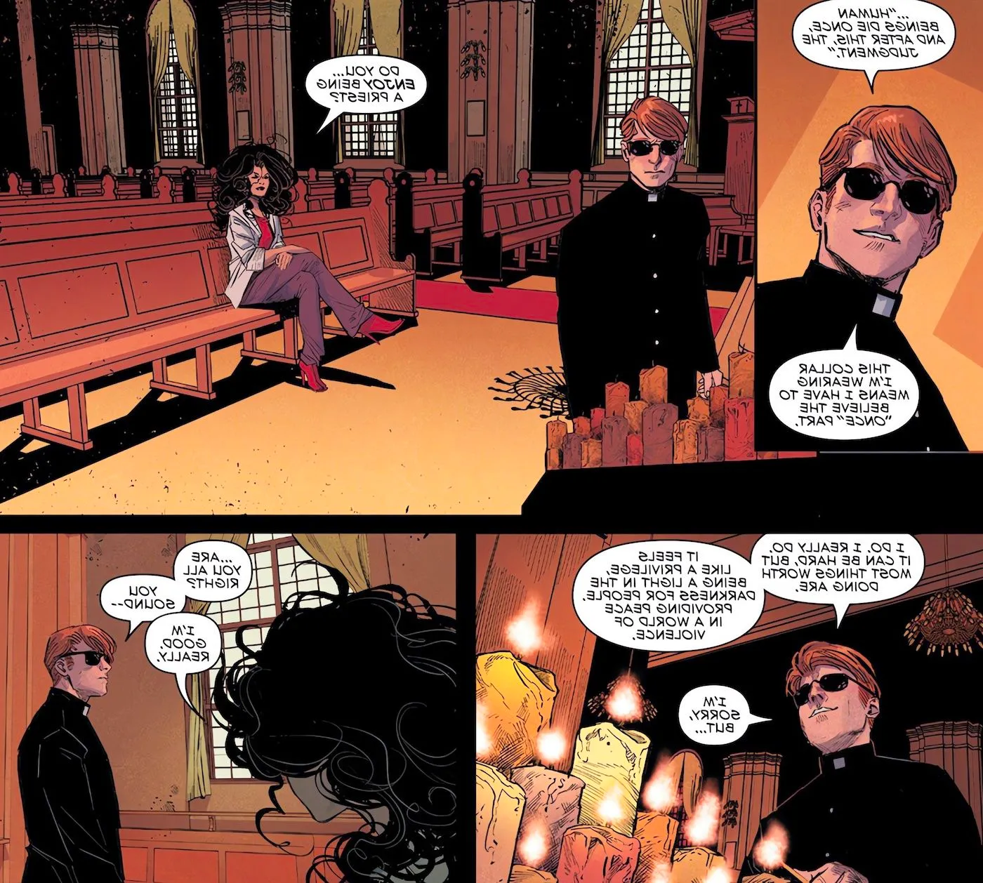 Comic book panels: Elektra meets Father Matthew in a church. Image