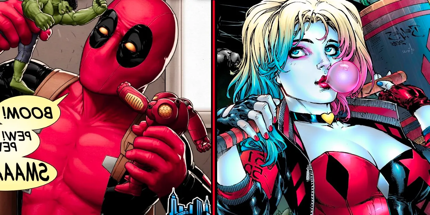 Comic book panels: Harley Quinn and Deadpool side by side. Image