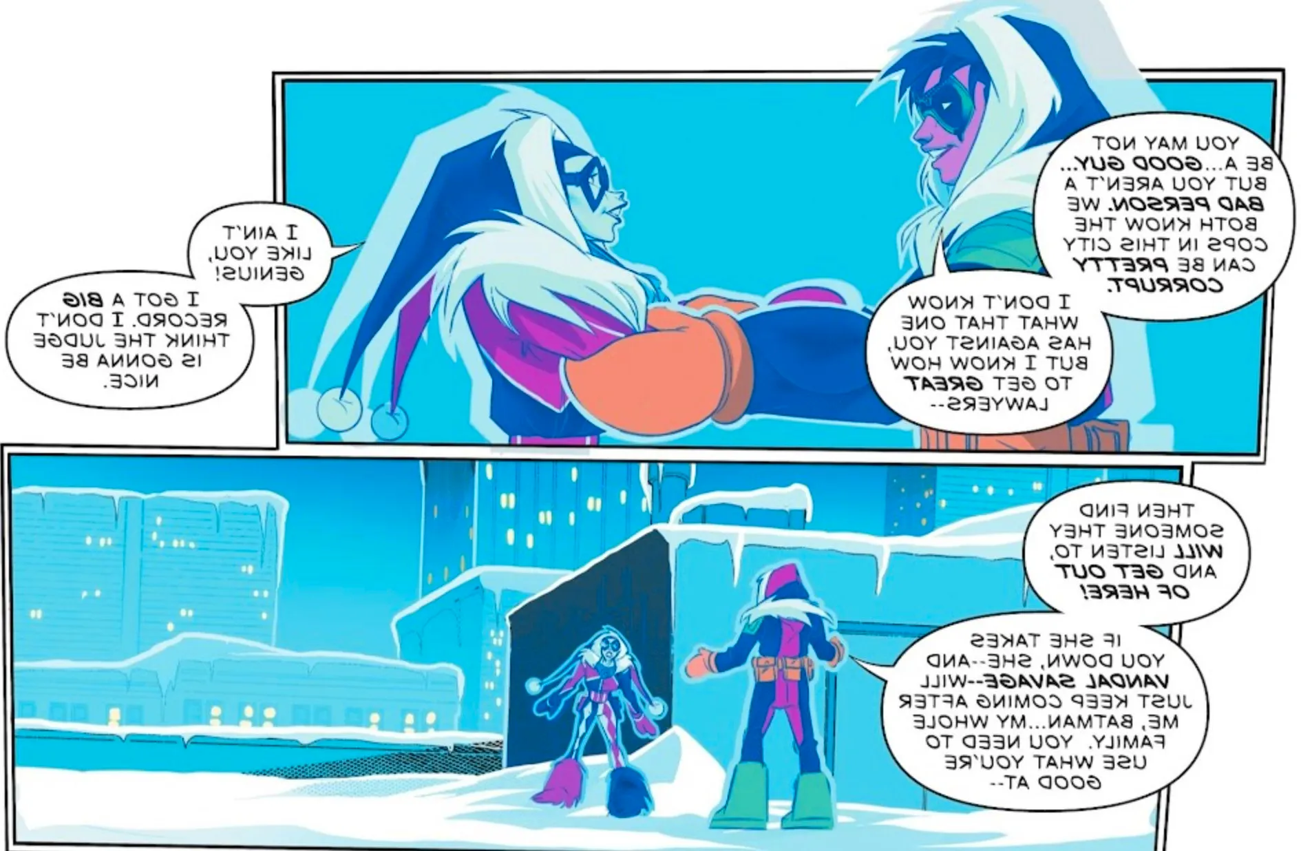 Comic book panels: Harley Quinn and Robin Tim Drake talk to each other as friends on a snowy rooftop. Image