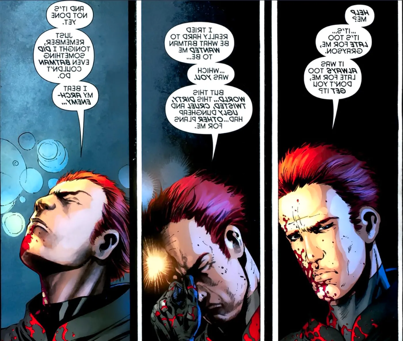 Comic book panels: Jason Todd with red hair monologues to an off-panel Dick Grayson. Image