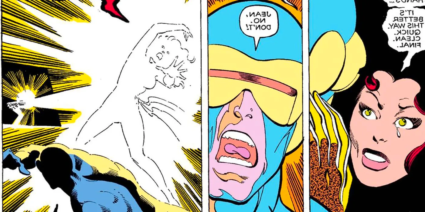 Comic book panels: Jean Grey sacrifices herself as Cyclops screams. Image