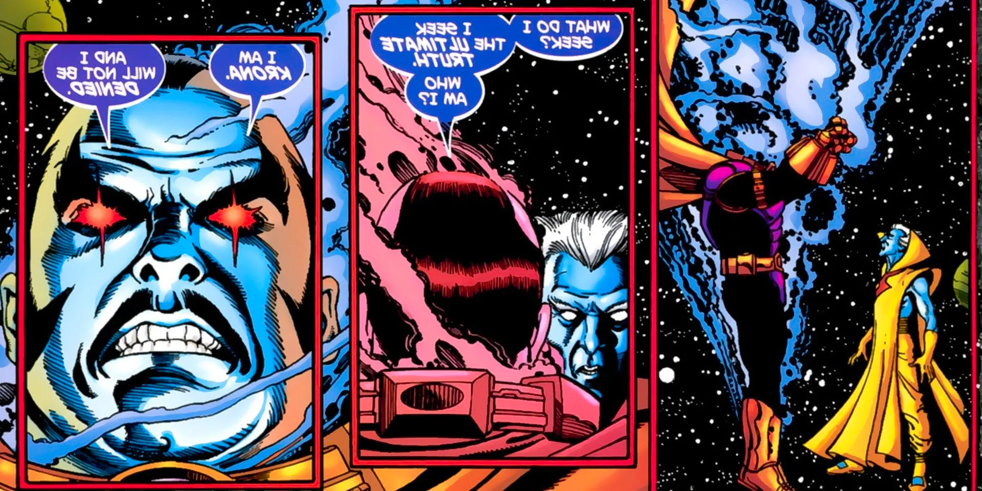 Comic book panels: Krona tells another being in space that he seeks ultimate truth. Image