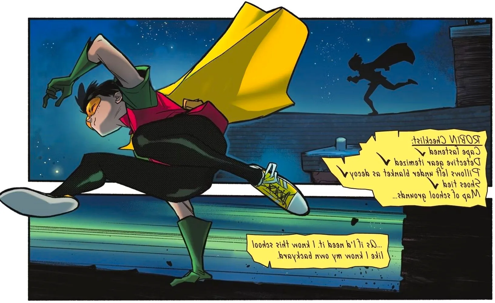 Comic book panels: Maps Mizoguchi wearig a Robin outfit as she leaps over rooftops. Image