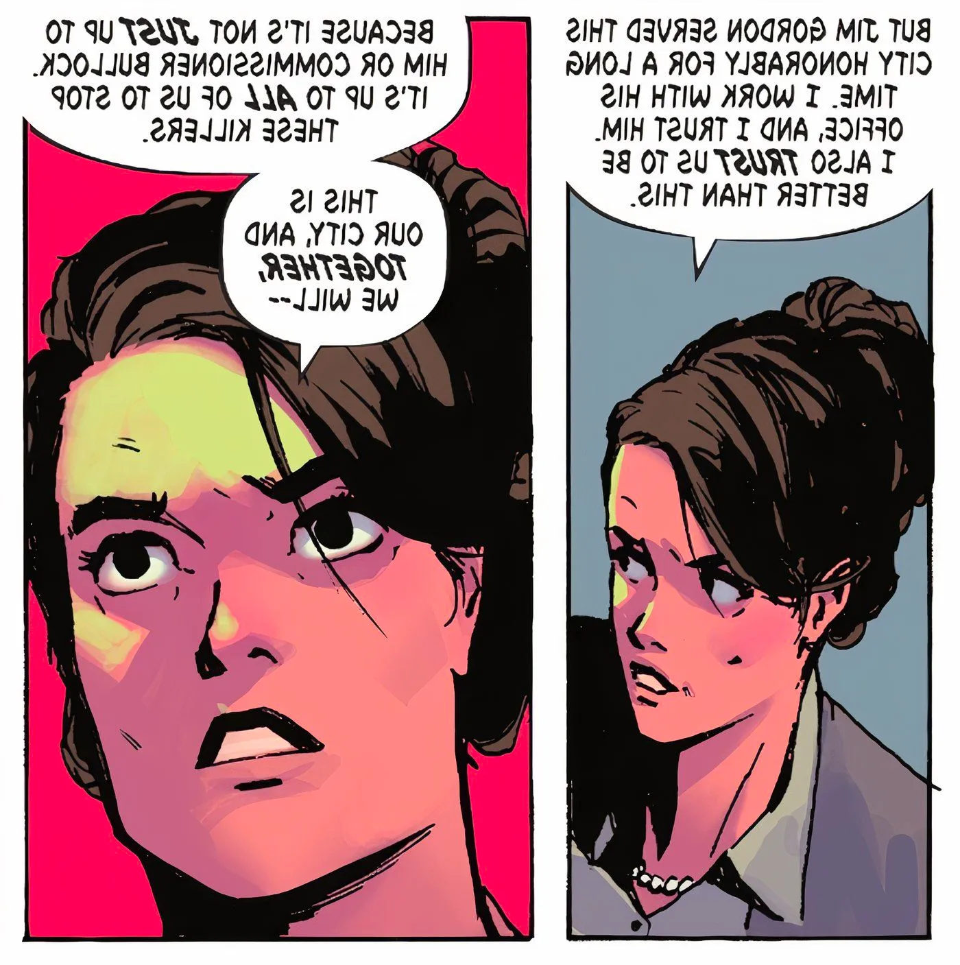 Comic book panels: Martha Wayne comes to Jim Gordon's defense at the town hall, saying that it's up to everyone to stop the Party Animals rather than everyone dogpiling on Gordon. Image