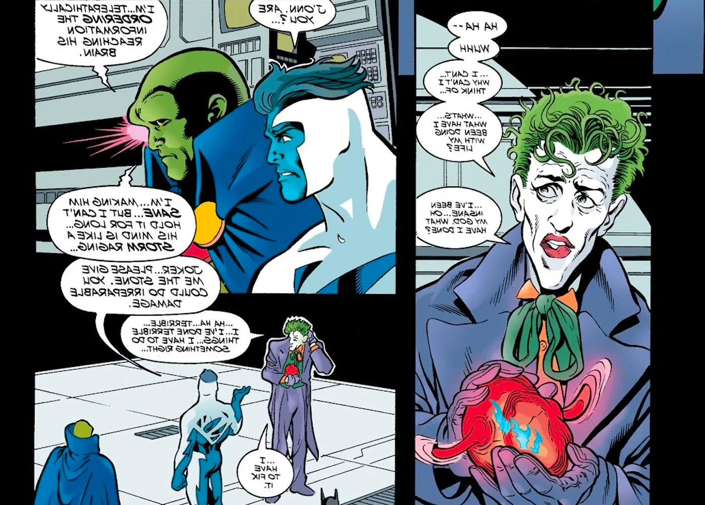 Comic book panels: Martian Manhunter makes the Joker sane. Image