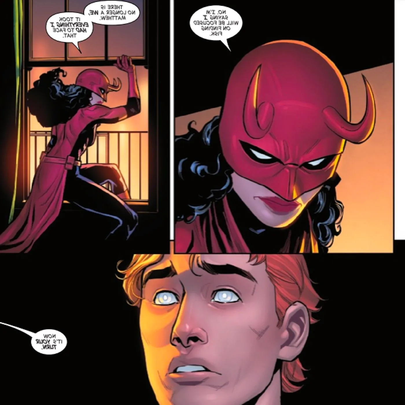 Comic book panels: Matt Murdock gets dumped by Elektra. Image