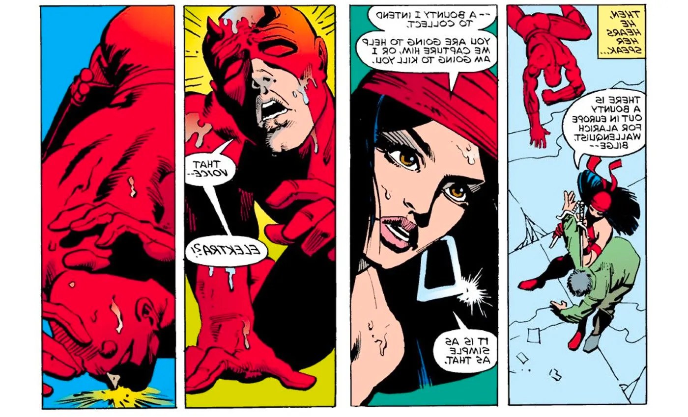 Comic book panels: Matt Murdock recognizes Elektra's voice. Image