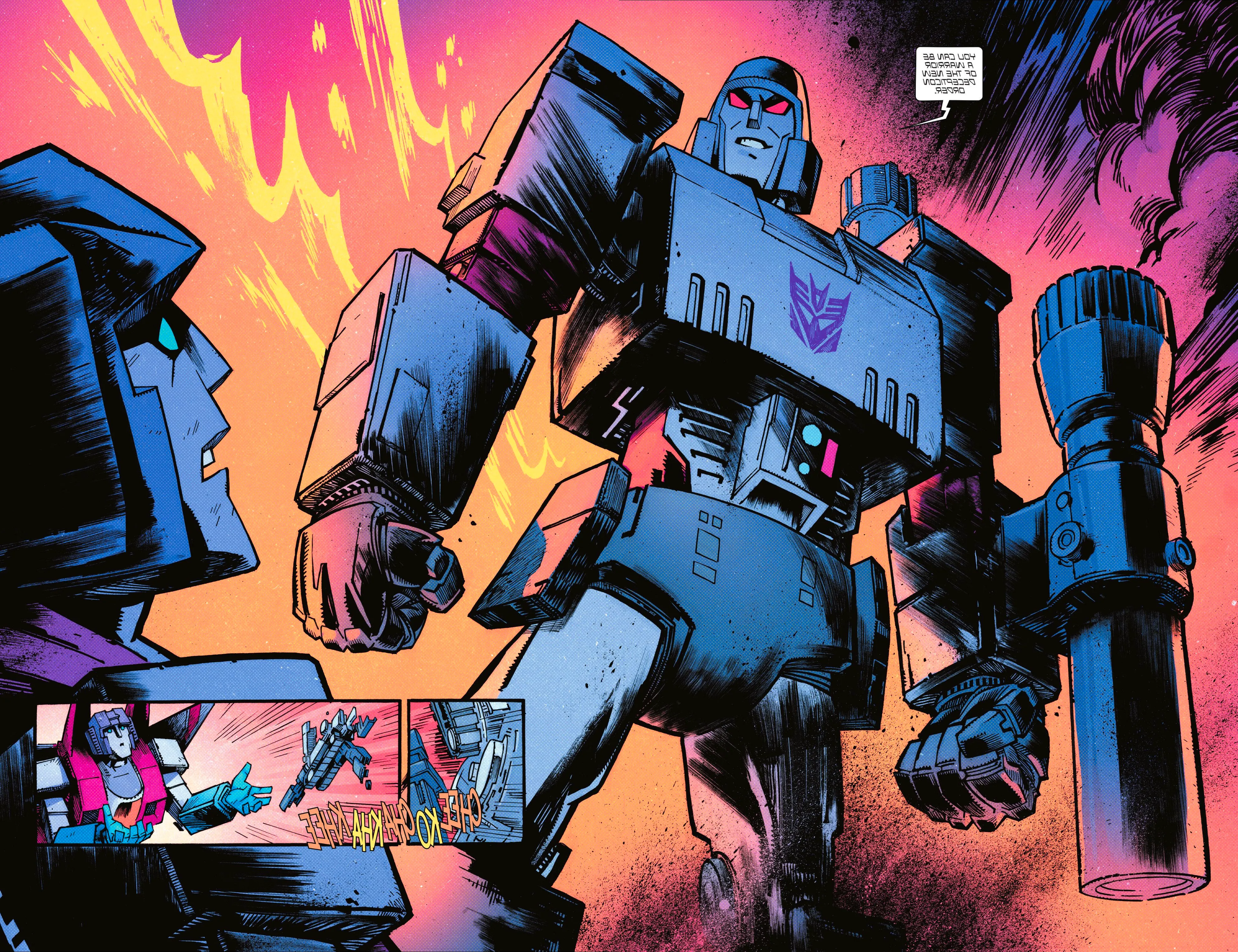 Comic book panels: Megatron makes Starscream an offer while transforming into a pistol. Image