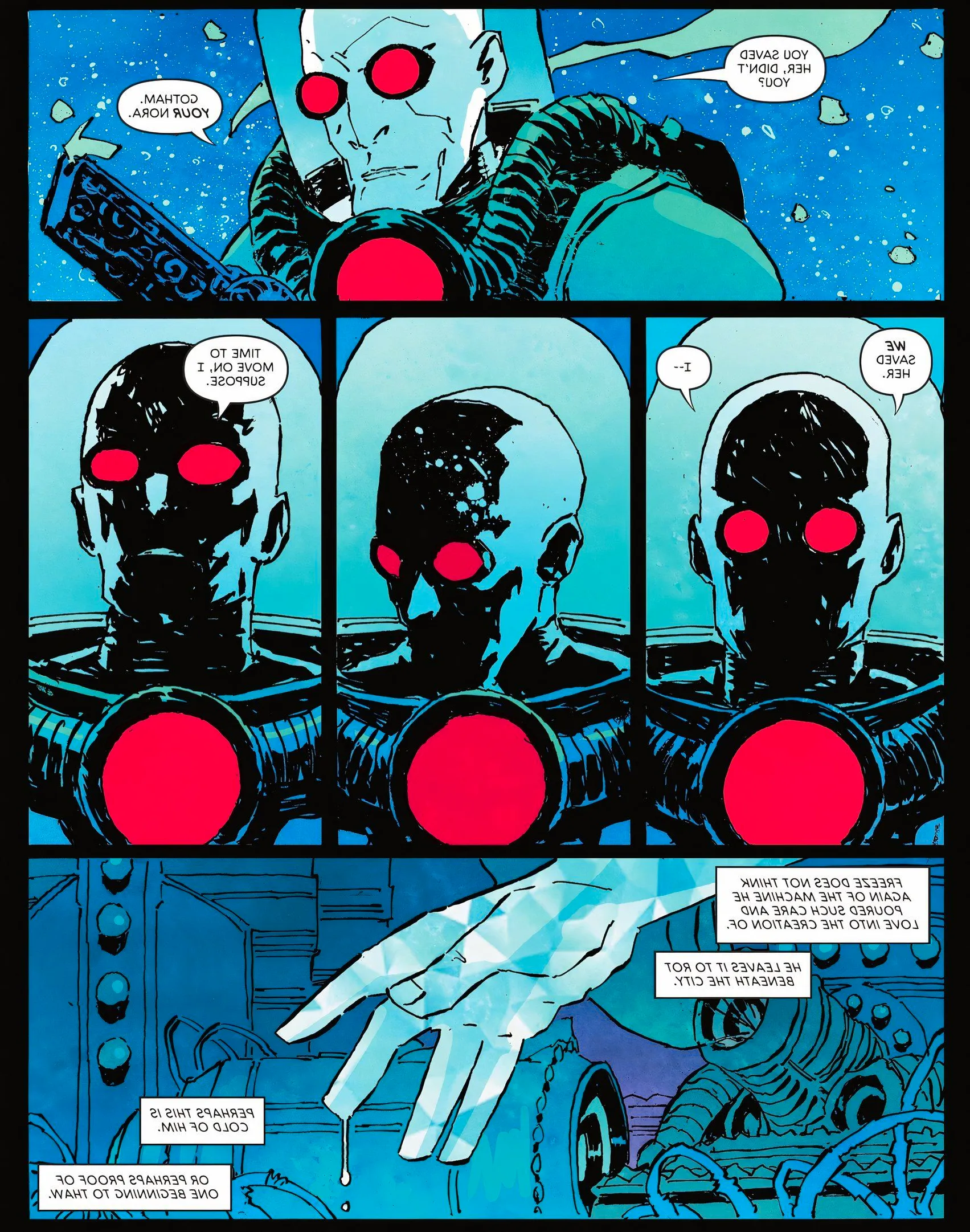 Comic book panels: Mr Freeze decides to move on from Nora, seeming to thaw slightly. Image