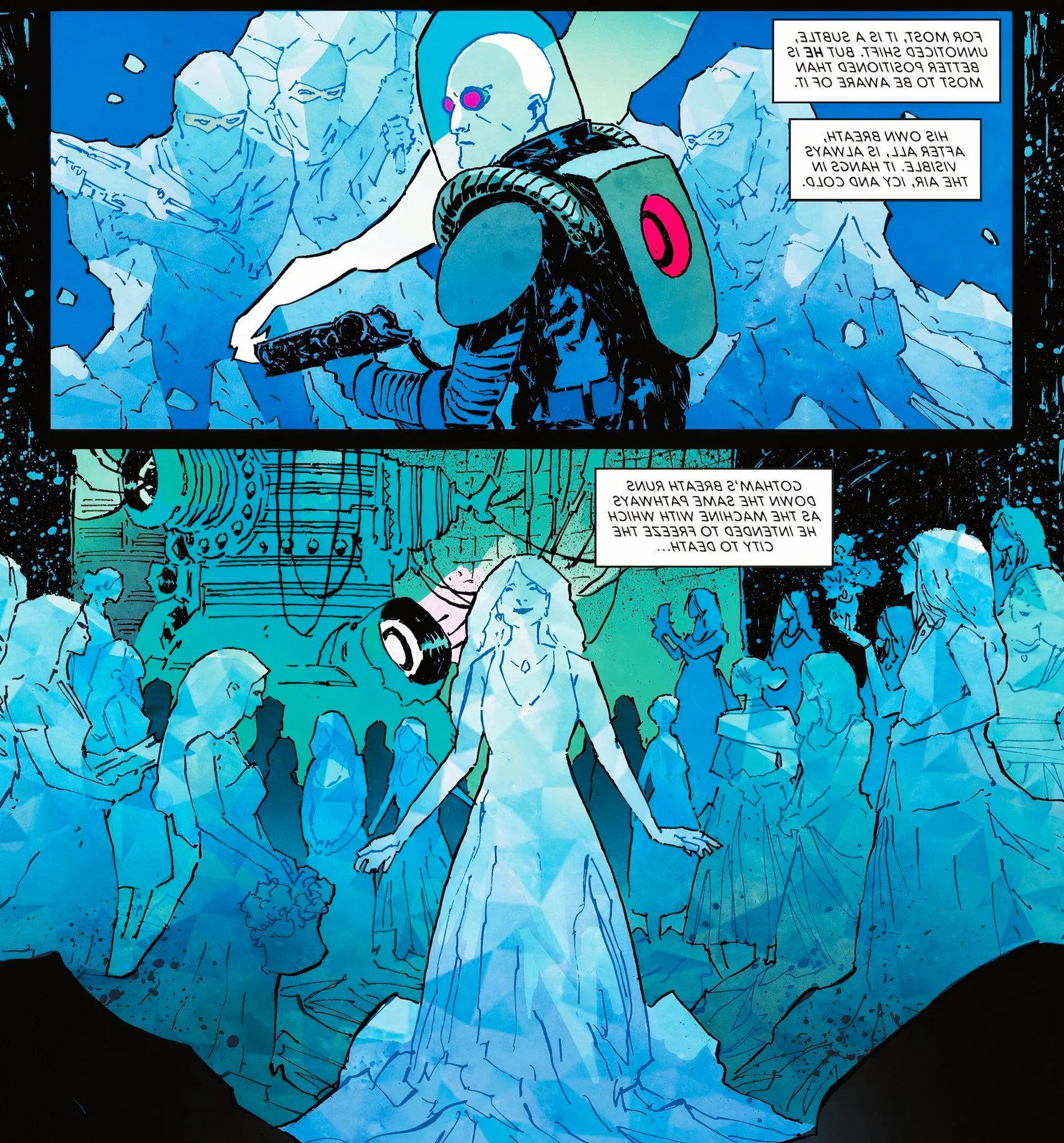 Comic book panels: Mr Freeze pauses to reflect, surrounded by ice statues he has made of Nora. Image