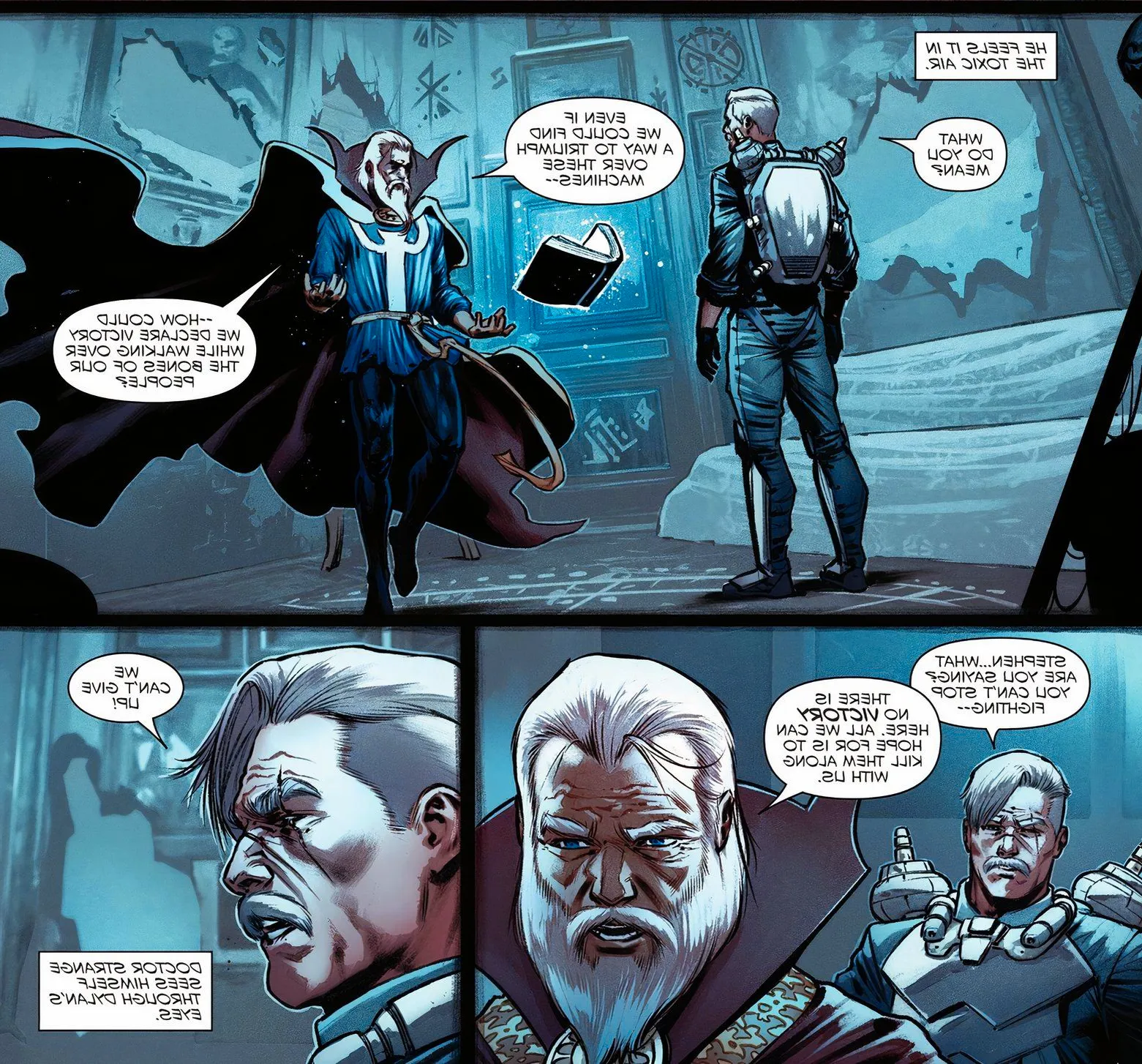 Comic book panels: Old Man Venom and Old Man Strange talk to each other. Image