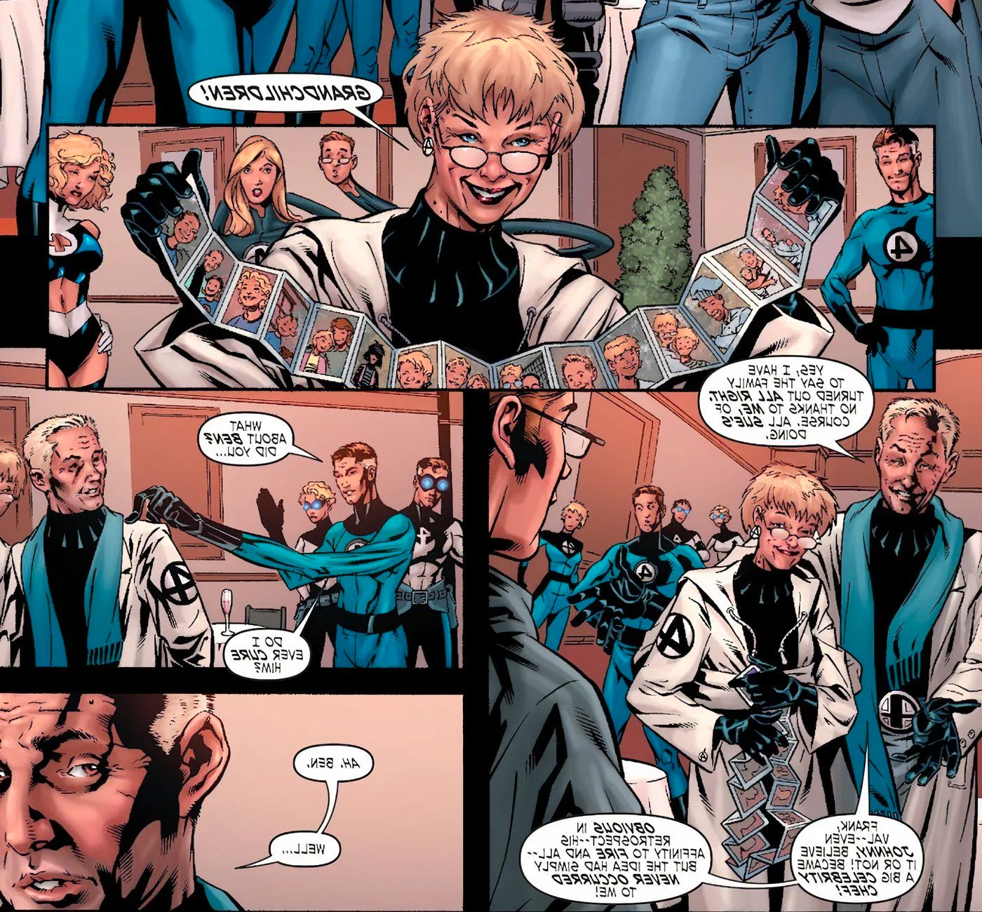 Comic book panels: older versions of Mister Fantastic and Invisible Woman talk about their grand-children and Johnny Storm's fate. Image