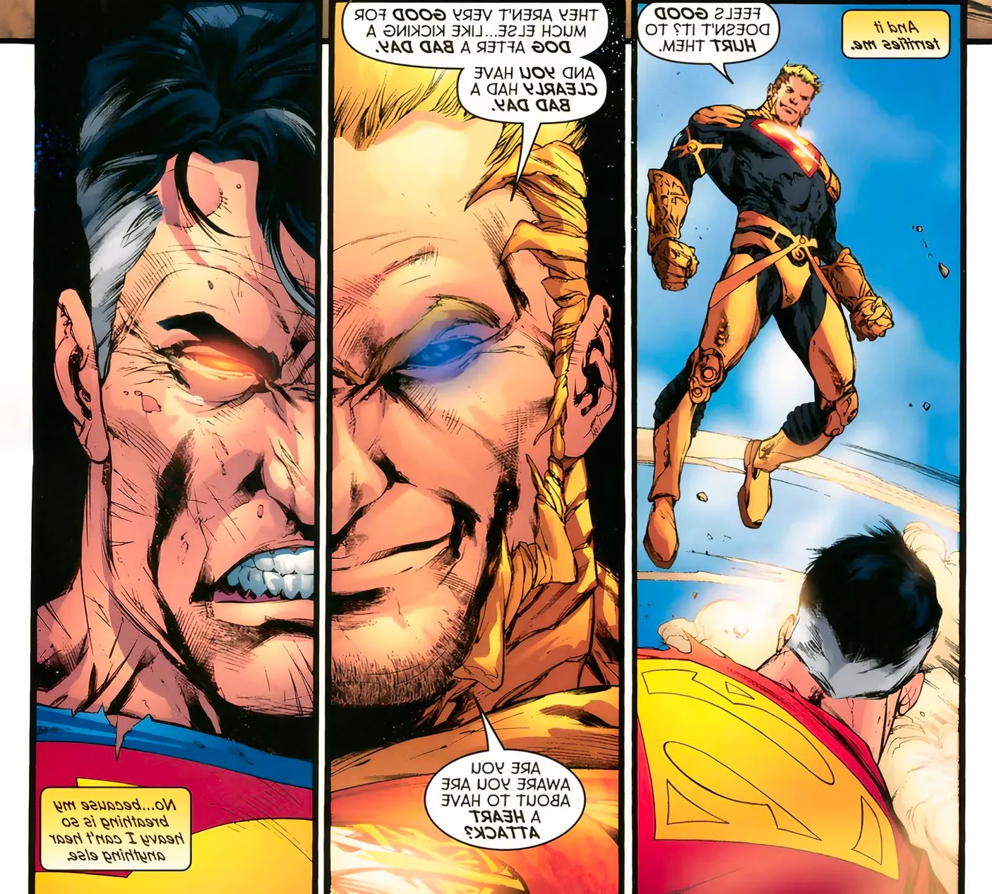 Comic book panels: Preus shows off his black heat vision to Superman. Image