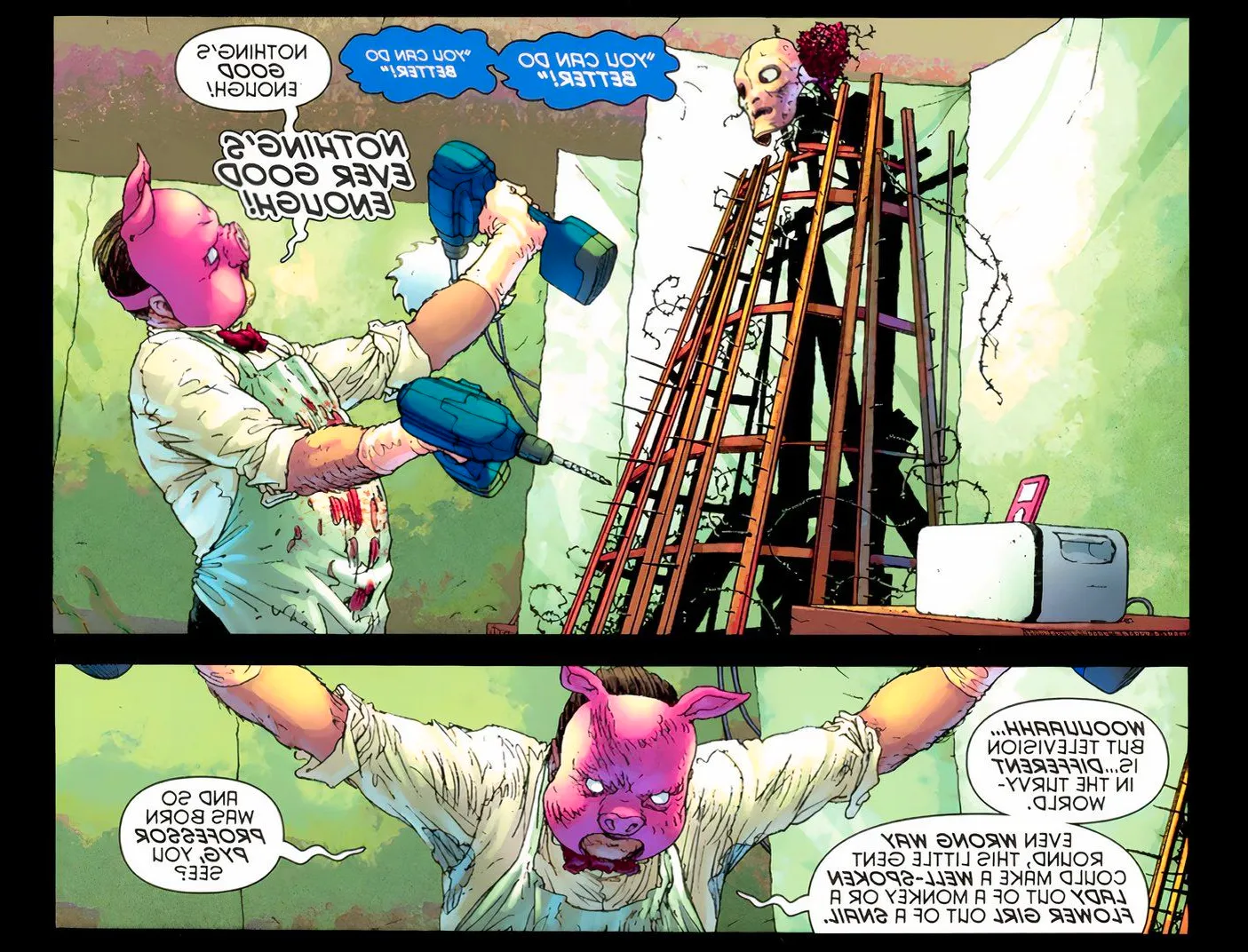 Comic book panels: Professor Pyg works on his wire mother. Image