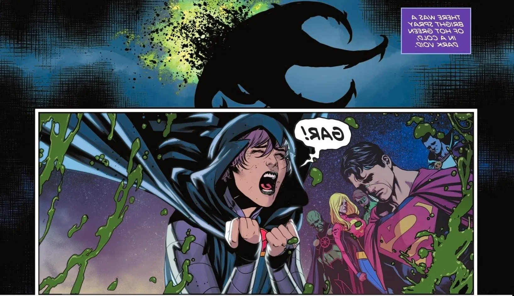 Comic book panels: Raven screams in anguish as Beast Boy 