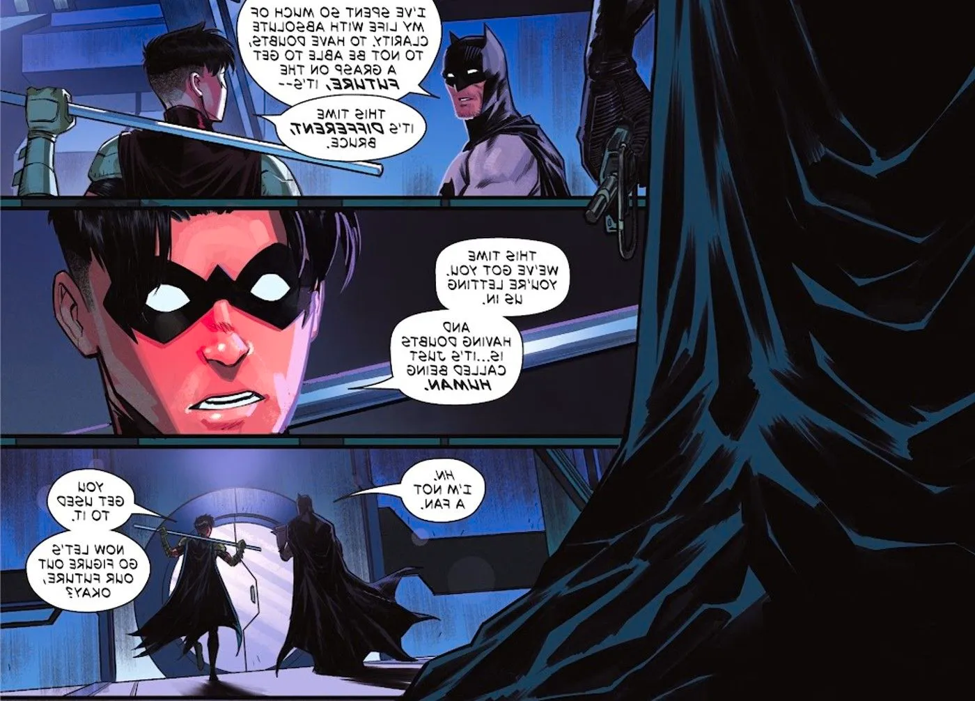 Comic book panels: Robin Tim Drake talks to Batman about being human. Image