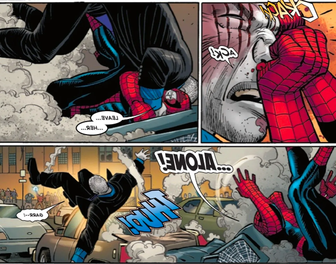 Comic book panels: Spider-Man claws out Tombstone's eyes. Image