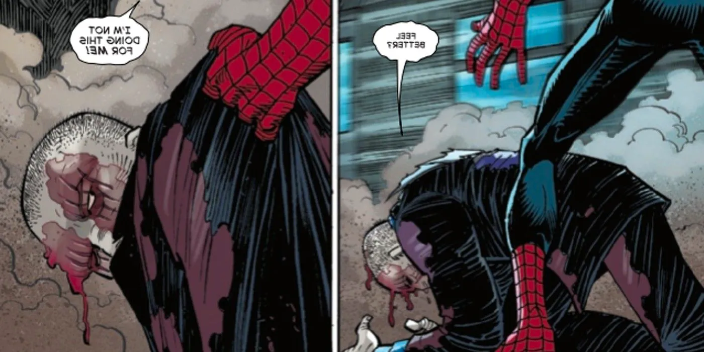 Comic book panels: Spider-Man grabs a bloody Tombstone by his collar. Image