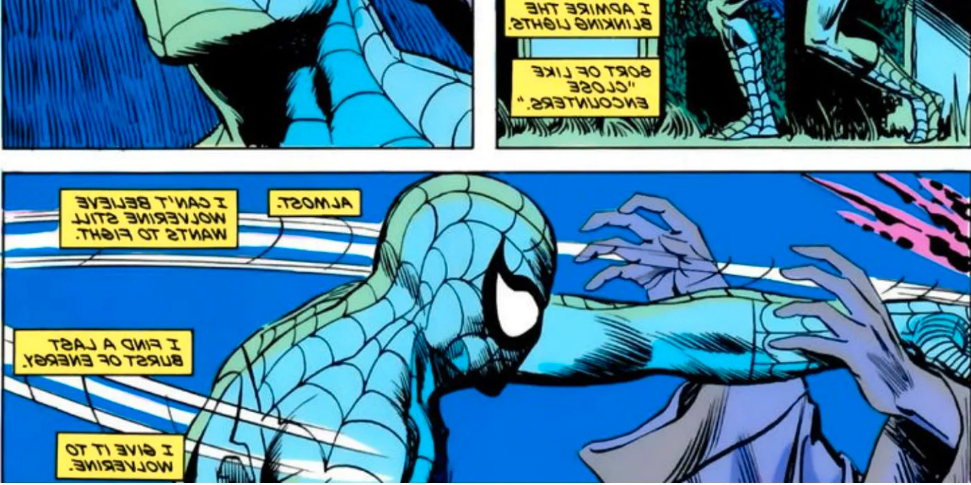 Comic book panels: Spider-Man kills Charlie by throwing a single punch. Image