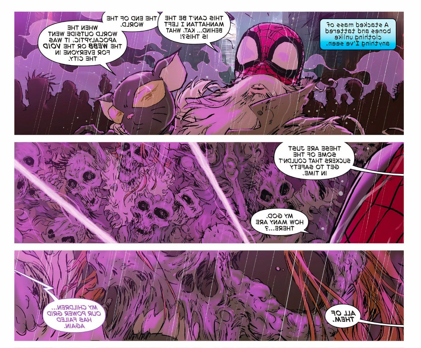 Comic book panels: Spider-Man sees the Thousand Dead. Image