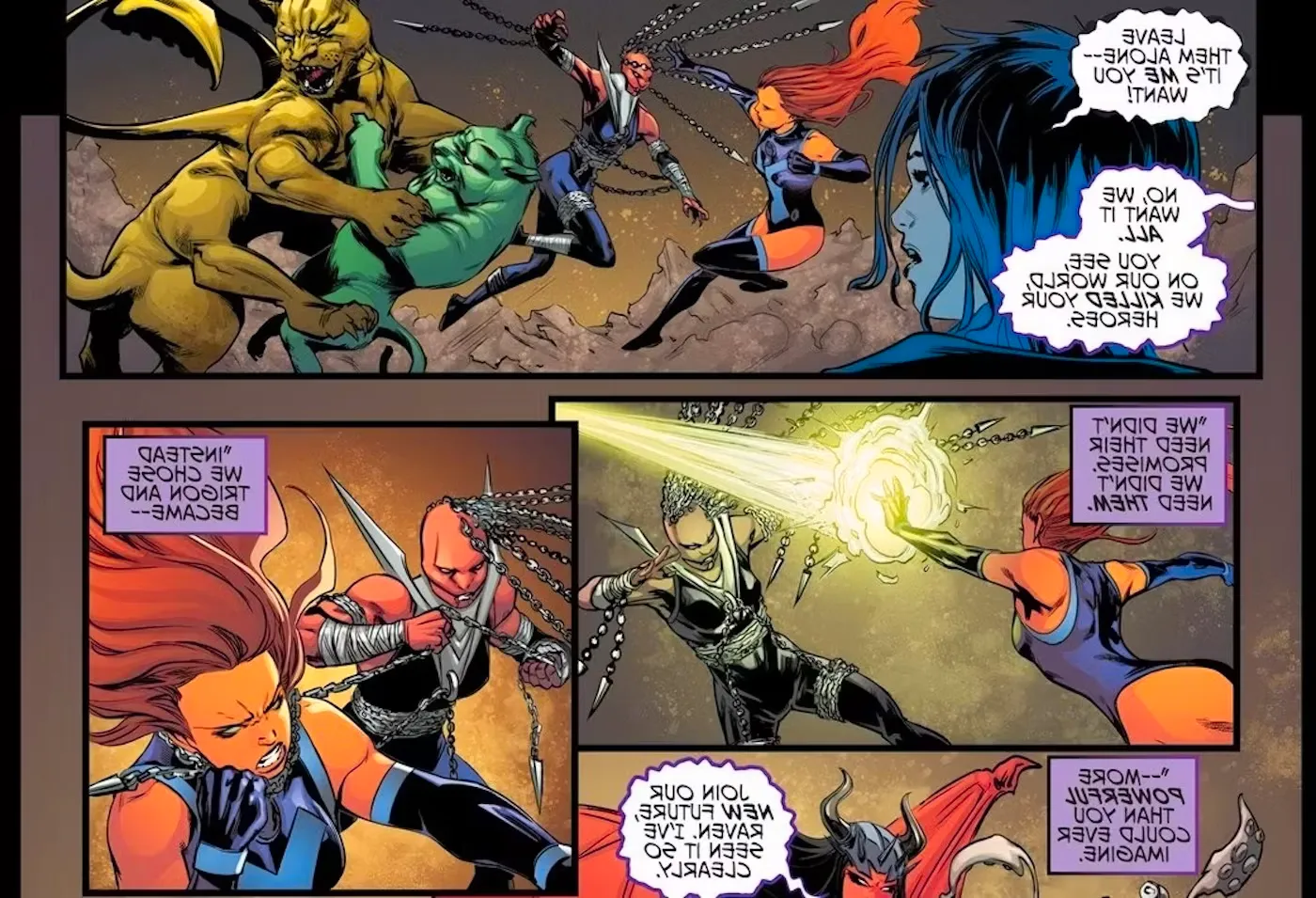 Comic book panels: Starfire fights a version of herself from the Dark Multiverse. Image