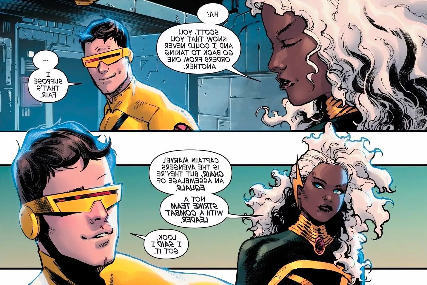 Comic book panels: Storm and Cyclops talk about how they couldn't take orders from each other any more. Image