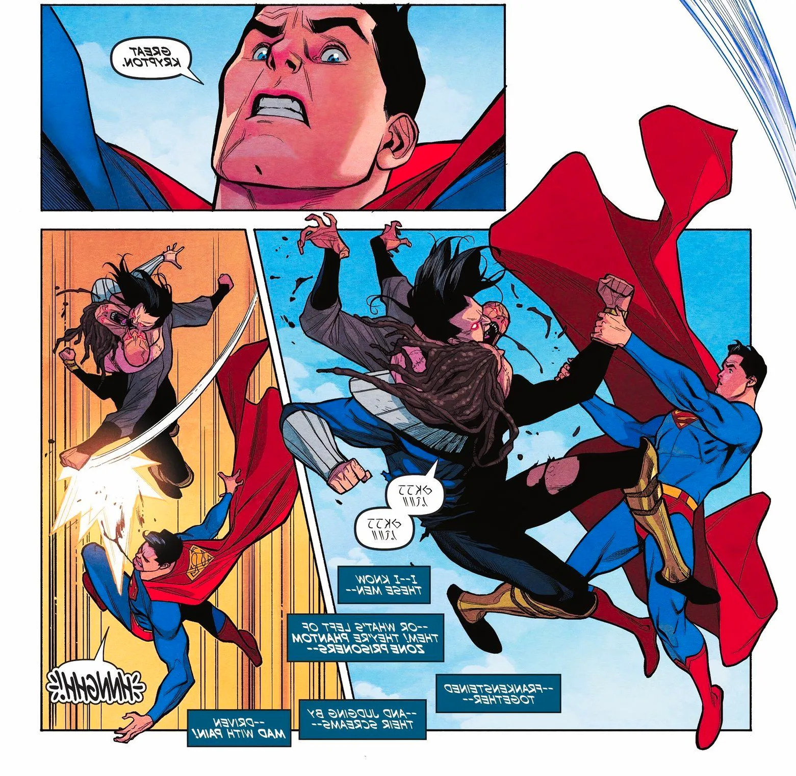 Comic book panels: Superman battles a fusion of three prisoners from the Phantom Zone. Image