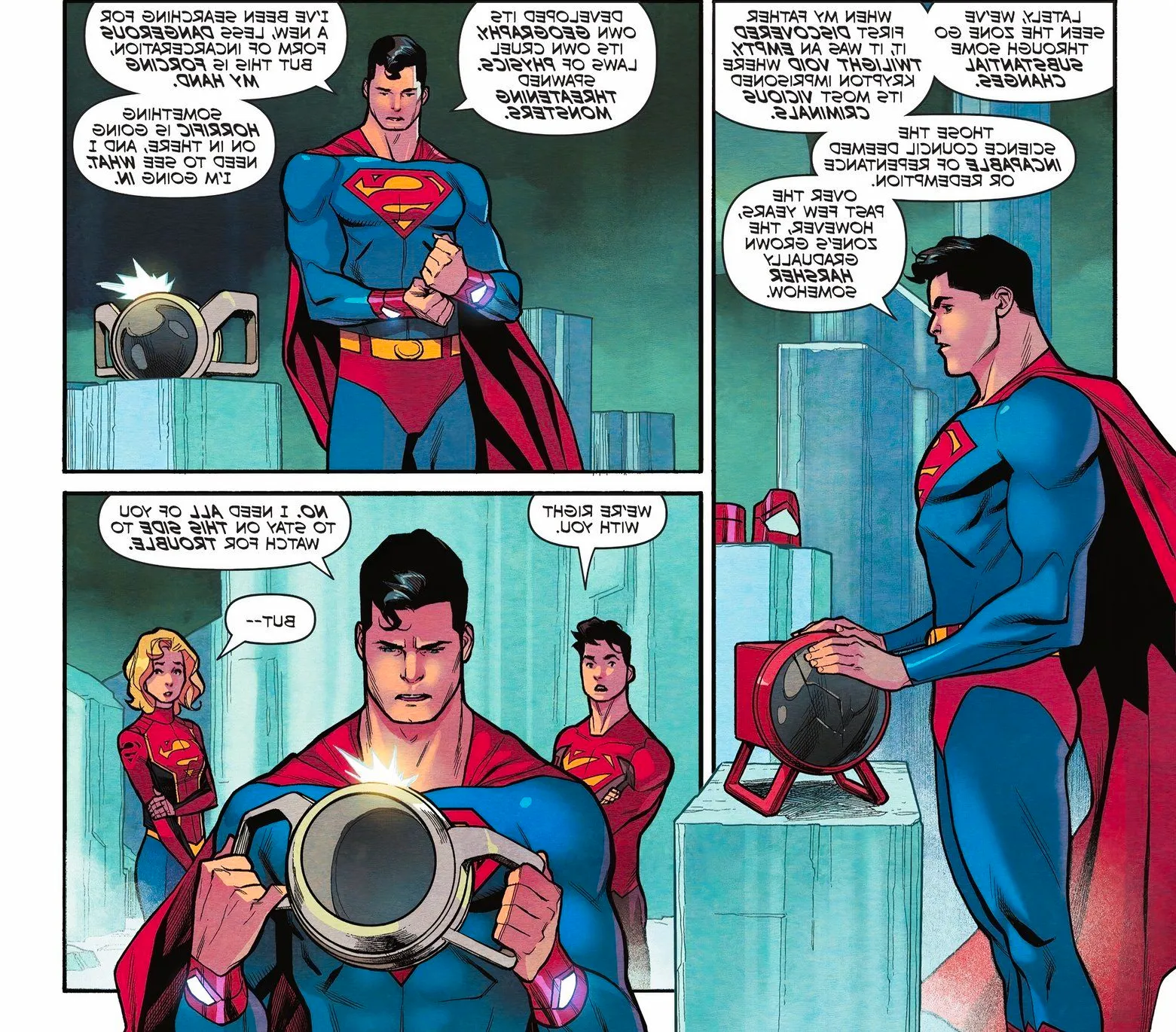 Comic book panels: Superman informs Supergirl and others that he will go into the Phantom Zone. Image