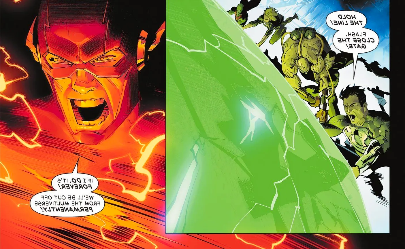 Comic book panels: the Flash disconnects Earth Prime from the Multiverse. Image