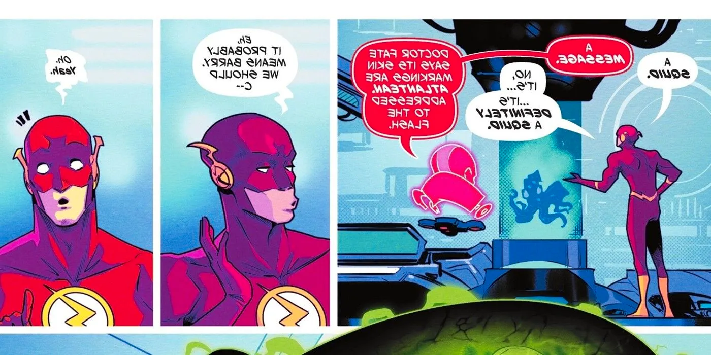 Comic book panels: the Flash looks at a strange creature and starts to assume it's for Barry Allen, before remembering Barry is retired. Image