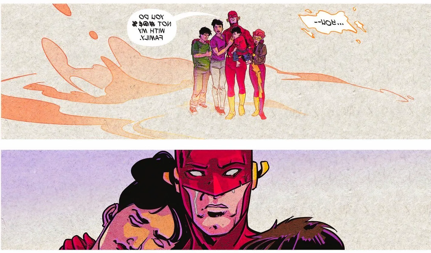 Comic book panels: The Flash stands with his family, wreathed in pure light. Image