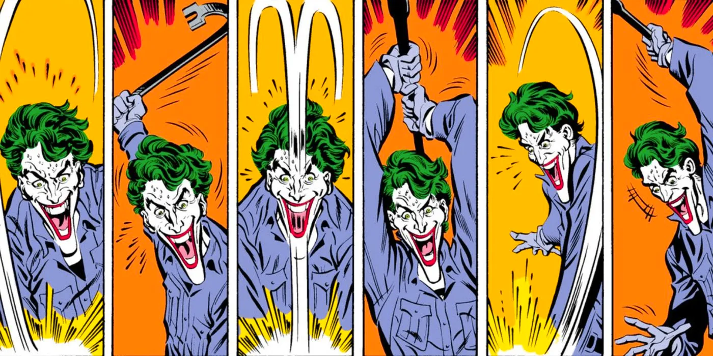 Comic book panels: the Joker swings a crowbar down on Jason Todd, laughing wildly. Image