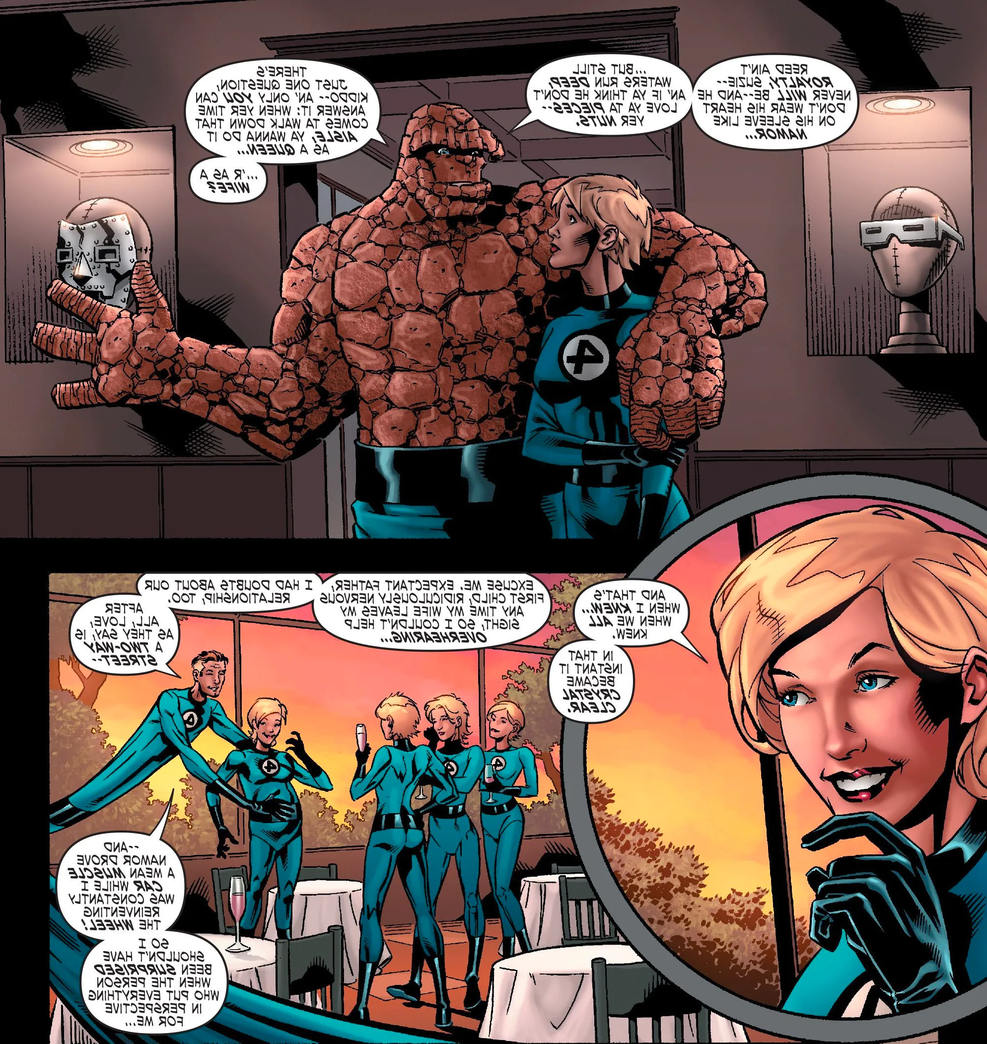 Comic book panels: The Thing puts his arm around the Invisible Woman. Mister Fantastic stretches over a group of Sue Storms. Image