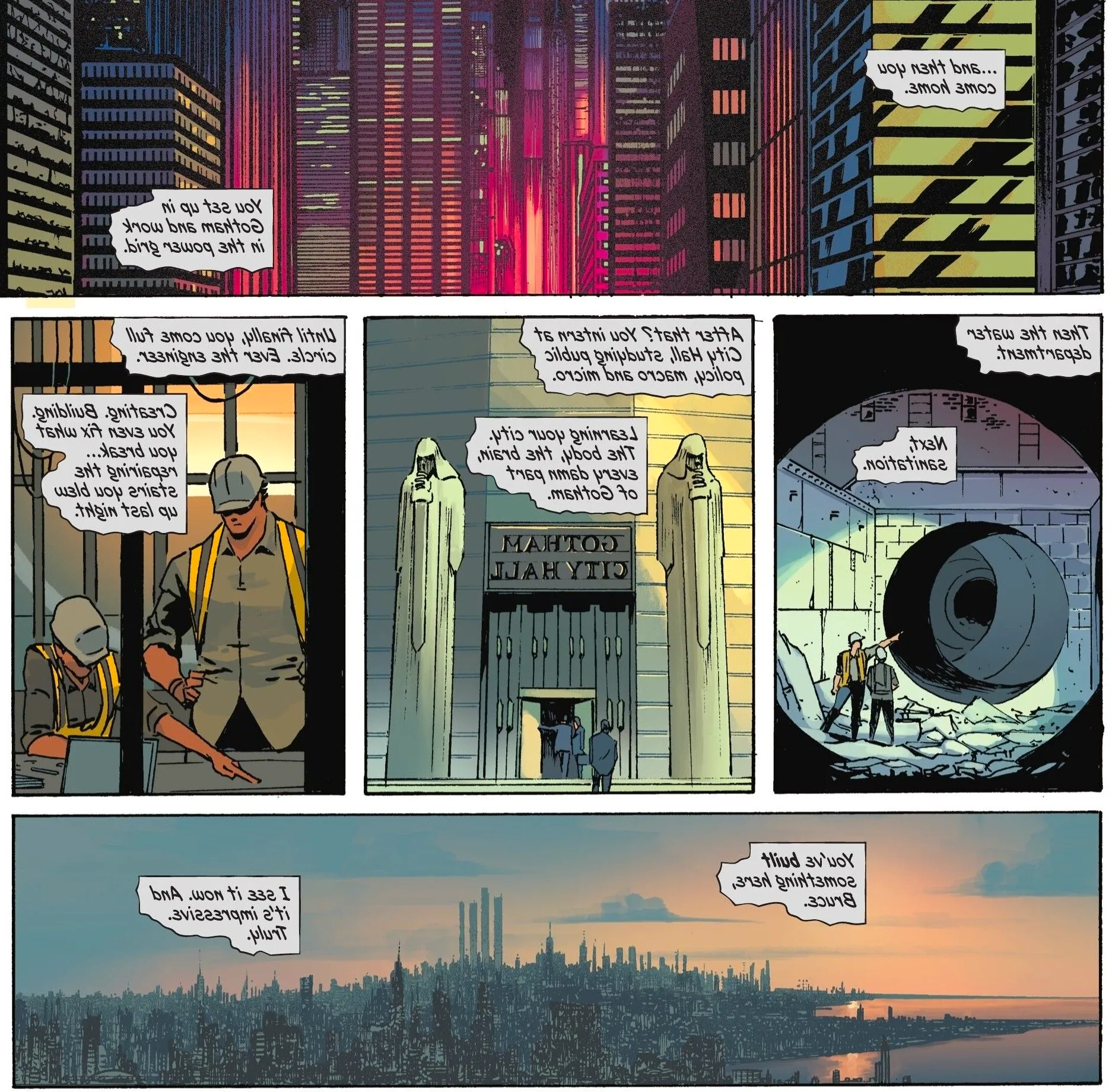 Comic book panels: various shots of locations around Gotham City, where Batman worked and studied. Image