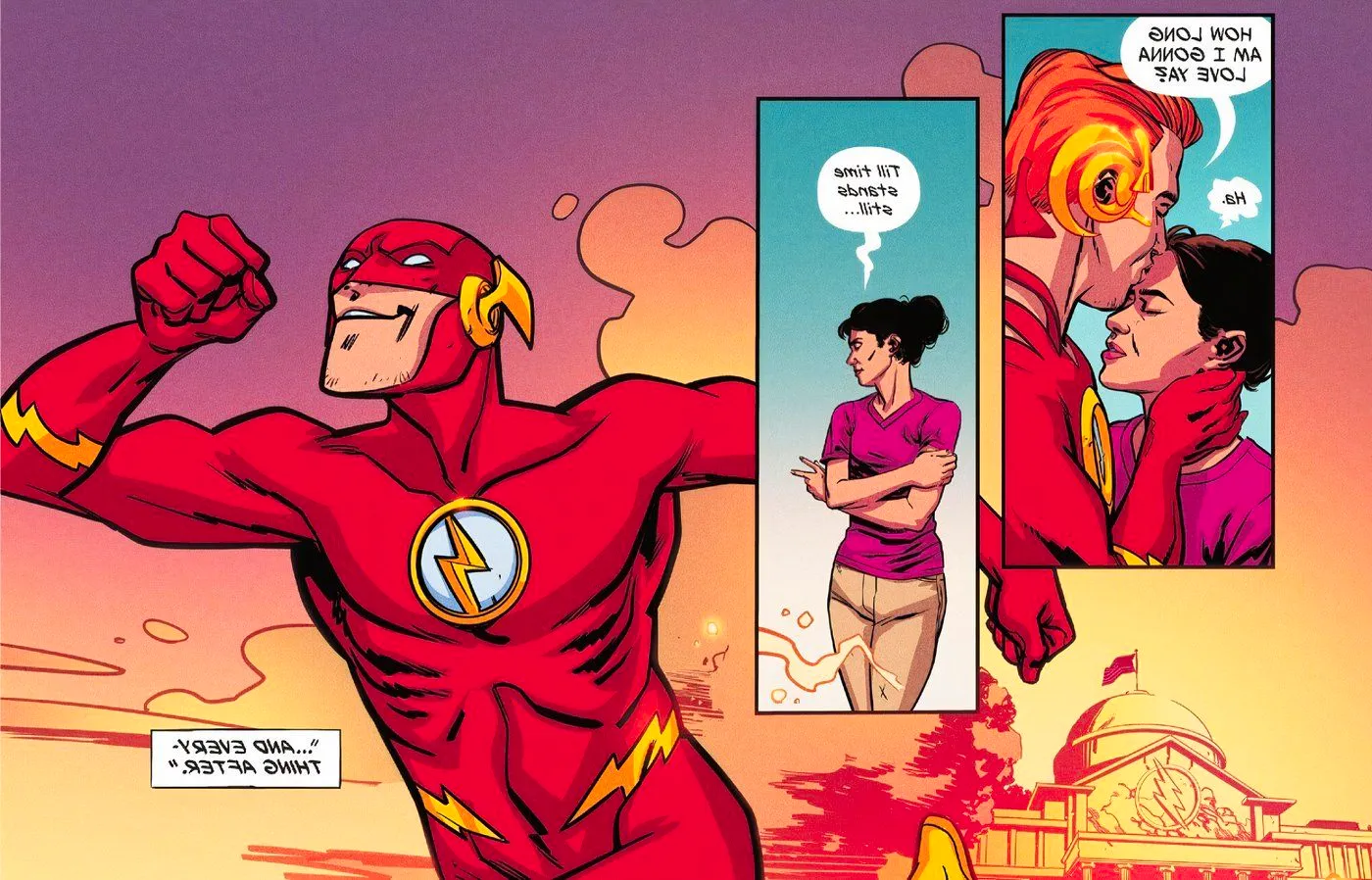 Comic book panels: Wally West and Linda Park-West share a sweet moment where Wally asks how long he's going to love her, and she says, 