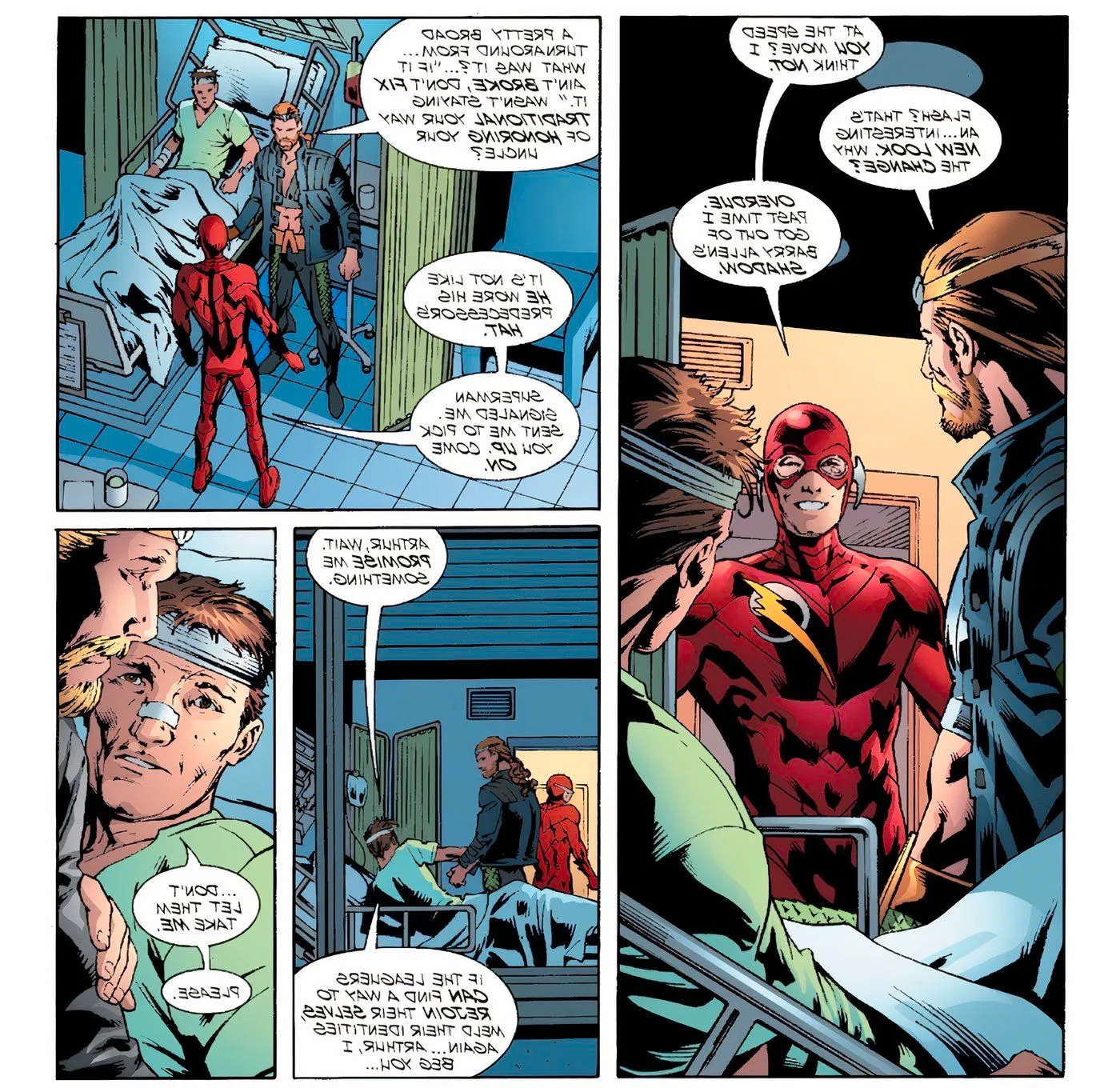 Comic book panels: Wally West shows up in a new Flash costume in a hospital room. Image