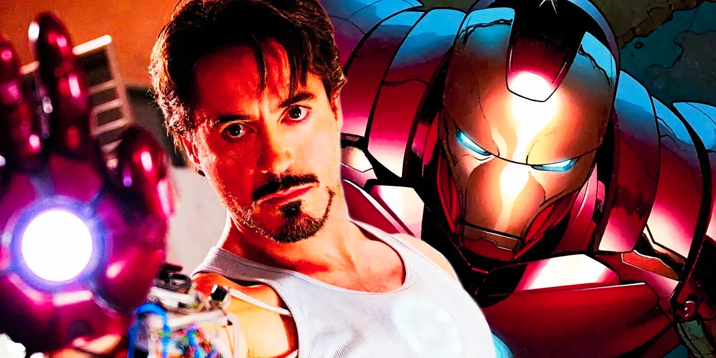 Comic Iron Man flying in armor (left); MCU Tony Stark holding out a repulser hand cannon (right.) Image